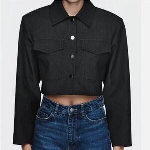 Zara Shoulder Pad Cropped Cotton Blend Jacket in Anthracite Grey Snap-Front Coat
